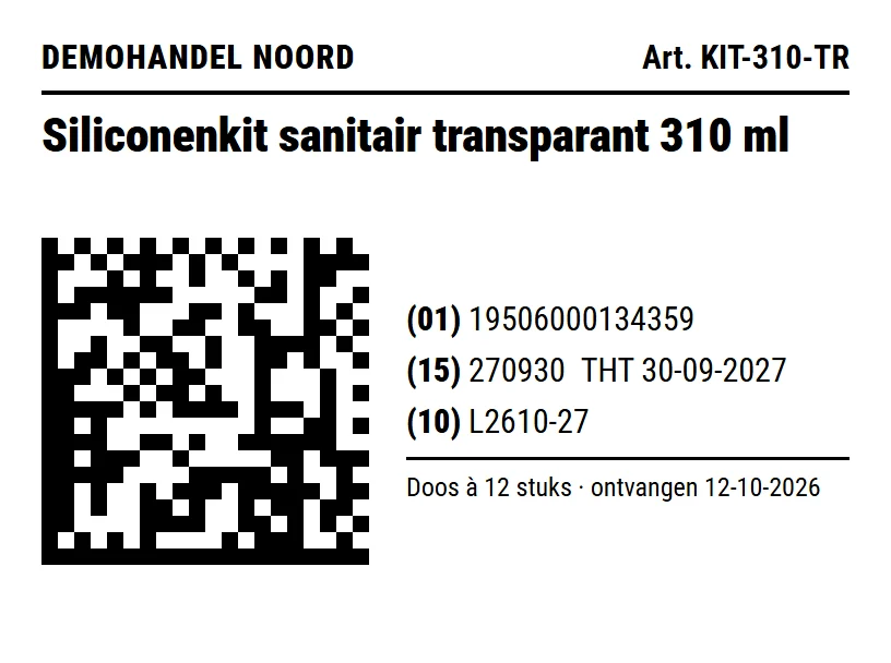 Label van een doos à 12 met een GS1 DataMatrix en de leesbare regels (01) GTIN 19506000134359, (15) THT 30-09-2027 en (10) batch L2610-27