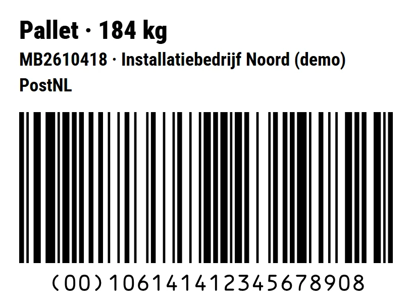 SSCC-label: Pallet, 184 kg, bon MB2610418 met de klant, vervoerder PostNL en de SSCC als GS1-128-barcode