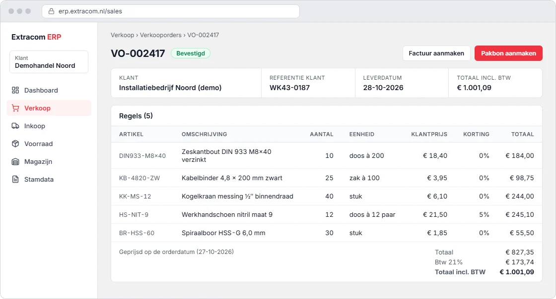 Verkooporder in het ERP met de klantkeuze en het menu links, vijf orderregels met klantprijs en korting, en het totaal inclusief btw