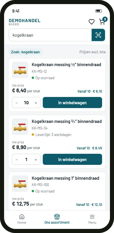 Bestelportaal op een telefoon: kogelkranen met de eigen prijs, staffelprijs vanaf 10 stuks en voorraad