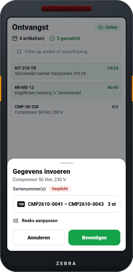Ontvangst van drie compressoren met de serienummerreeks CMP2610-0041 tot CMP2610-0043
