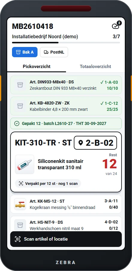 Picklijst met afgevinkte regels en de actieve regel op locatie 2-B-02, en de melding Gepakt 12, batch L2610-27, THT 30-09-2027