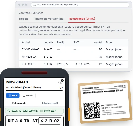 Een doos siliconenkit met een GS1-label wordt gescand met een handscanner: gepakt 12, batch L2610-27, THT 30-09-2027, op locatie 2-B-02. Een lijn loopt van de scanner naar dezelfde regel in het ERP, op het tabblad Registraties (WMS), met als bron de magazijnbon.