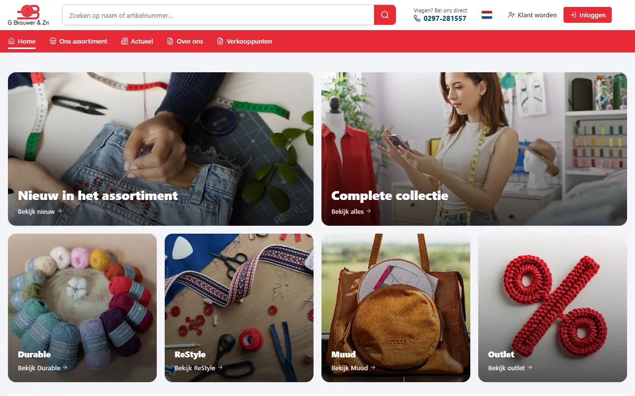 Startpagina van order.gbrouwer.nl met de collecties Durable, ReStyle en Muud