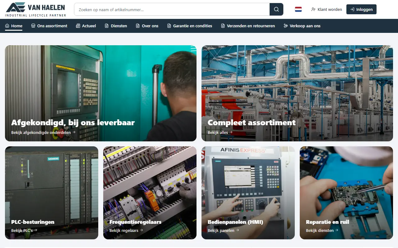 Startpagina van www.vanhaelen.com met categorieën voor PLC-besturingen, frequentieregelaars, bedienpanelen en reparatie